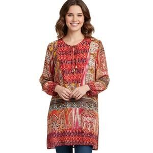 Olive Hill Mixed Tribal Aztec Print Top Womens Medium Red Multicolor Sheer Tunic